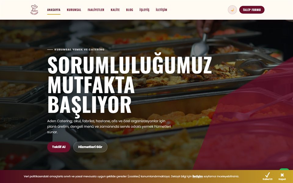 Aden Catering web sitesi tasarımı ekran görüntüsü