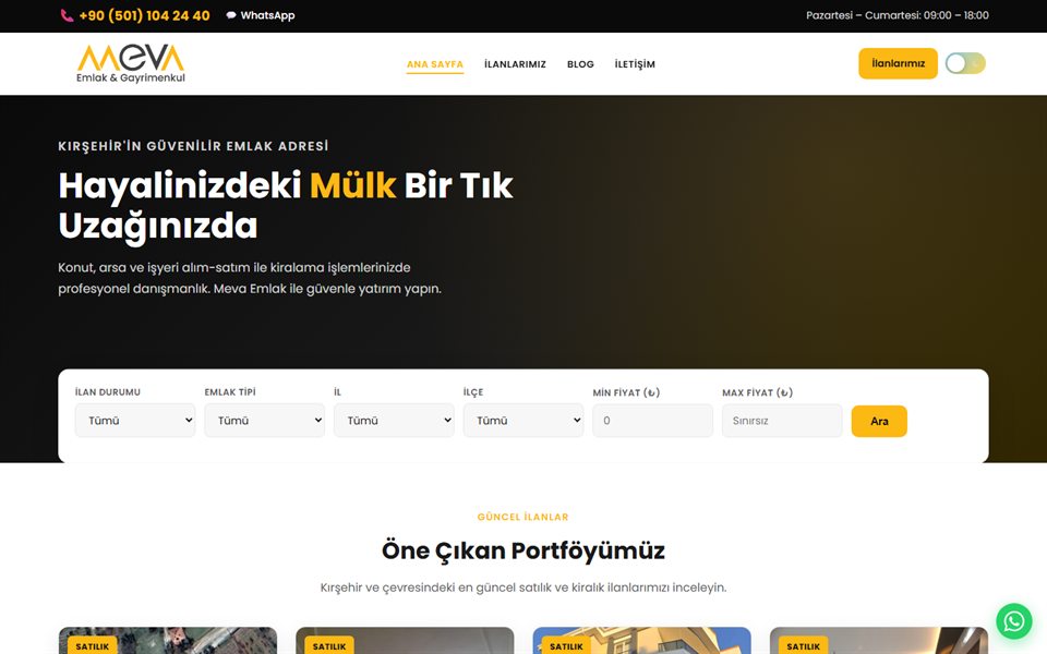 Meva Emlak web sitesi tasarımı ekran görüntüsü