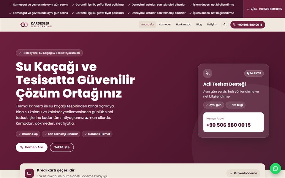 Tesisat Uzmanı web sitesi tasarımı ekran görüntüsü